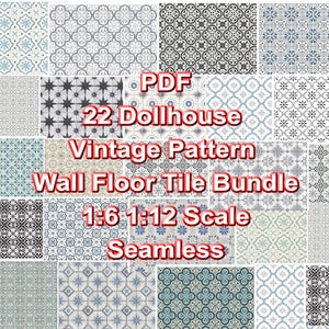 Puede incluir: Una colección digital de 22 patrones vintage sin costuras para azulejos de pared y suelo de casas de muñecas a escala 1:6 y 1:12, presentada como paquete PDF. Los diseños muestran varios motivos geométricos y florales en azul, gris, negro y blanco.