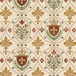 Könnte beinhalten: Wiederholendes Muster mit heraldischen Elementen. Das Design umfasst Lilien, Schilde mit Kronen und florale Elemente in Gold, Rot und Grün auf cremefarbenem Hintergrund. Das Muster ist symmetrisch und detailliert.