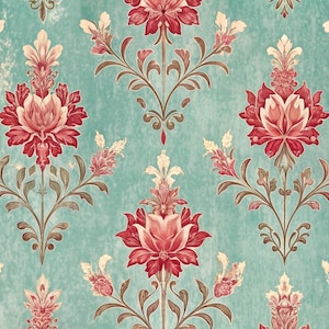 Op de afbeelding: Een tealblauwe achtergrond met een herhalend patroon van rode en witte bloemen. De bloemen hebben een vintage uitstraling en worden omringd door bruine bladeren en stengels.