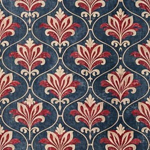 Può includere: Un motivo floreale stilizzato rosso, crema e blu si ripete su uno sfondo blu scuro. Il motivo ricorda le carte da parati tradizionali.