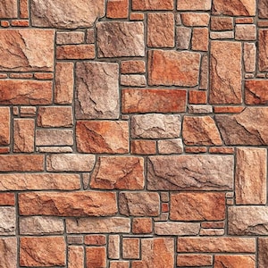 May include: A seamless pattern of a stone wall. The wall is constructed of various rectangular and square stones in shades of brown, tan, and reddish-orange, with gray mortar between the stones. The texture of the stones varies.