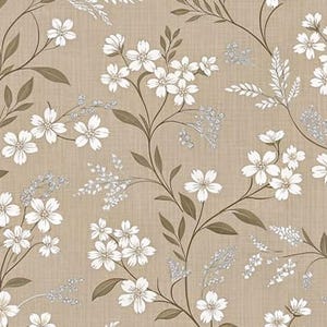 1/6 1/12 Dollhouse Vintage Floral Pattern with White Blossoms Wallpaper Beige Background Seamless - Digital Printable Instant Download