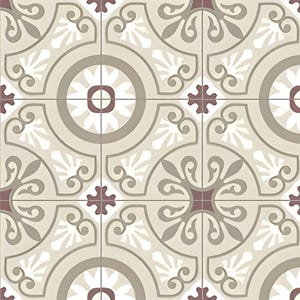 Puede incluir: Un azulejo de color beige y burdeos con un diseño geométrico repetitivo. El azulejo presenta un círculo central con un diseño floral y cuatro diseños de esquina con un patrón de espiral.