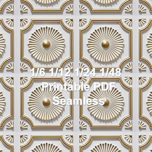 May include: A repeating pattern with a white backdrop and gold-coloured, ornate, square frames. Each frame has a sunburst design with a central gold circle. The text "1/6 1/12 1/24 1/48 Printable PDF Seamless" is overlaid on the image.