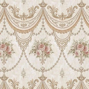 Könnte beinhalten: Cremefarbene Tapete mit einem sich wiederholenden Muster aus Blumensträußen und verzierten, gerollten Verzierungen in Beige- und Hellbrauntönen. Das Design hat eine klassische, Vintage-Ästhetik.