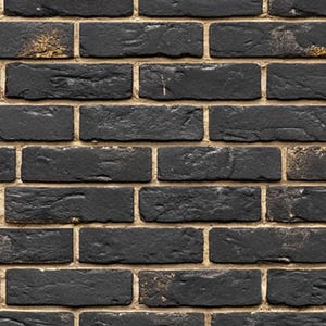 May include: Close-up of a brick wall with a dark gray color and a rough texture. The bricks are rectangular and arranged in a staggered pattern, with light tan mortar between them. Some bricks have gold accents.