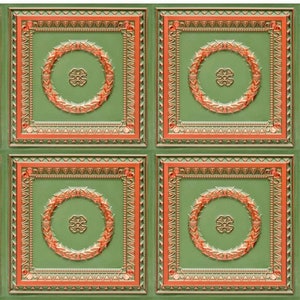 May include: Four square ceiling tiles with a green background and a gold and copper colored design. The design features a wreath with a circle in the center.
