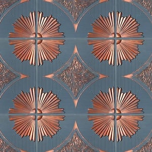 May include: A repeating pattern featuring copper-colored sunburst designs and diamond shapes with textured details, set against a muted teal background. The design has a vintage, art deco feel.