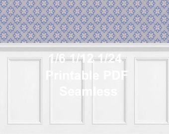 Dollhouse White Wainscoting Half Wall Paneling Printable PDF Seamless 1/6 1/12 1/24 Miniature Classic Chair Rail Molding Wallpaper