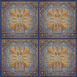 May include: Decorative tiles with a repeating pattern. Each square tile features a gold-colored, stylized floral design set against a light blue background, framed by a dark blue border with intricate detailing. The tiles create a seamless, ornate surface.