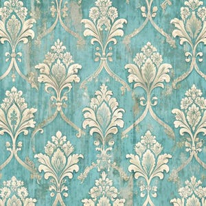 Puede incluir: Un fondo azul verdoso con un patrón repetido de diseños florales blancos en damasco. El diseño tiene un aspecto desgastado y vintage.