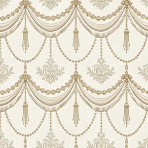 May include: Cream-colored wallpaper with a repeating pattern of draped fabric, gold beaded chains, and tassels. The design includes floral and scrollwork motifs, creating a luxurious and ornate aesthetic.