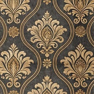 May include: Wallpaper featuring a repeating damask pattern in metallic gold on a dark charcoal gray background. The design consists of symmetrical floral motifs enclosed within curved, dotted lines that create an ogee-shaped grid structure.