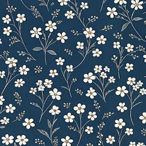 Papel tapiz con estampado floral blanco de flores silvestres para casa de muñecas, escala 1/6/1/12, fondo azul marino sin costuras - Descarga instantánea e imprimible digitalmente