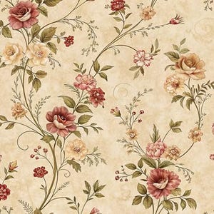 May include: A wallpaper pattern featuring a light beige background with a repeating floral design. The print includes blooming roses and smaller blossoms in shades of deep red, soft pink, and muted yellow, connected by thin green stems.