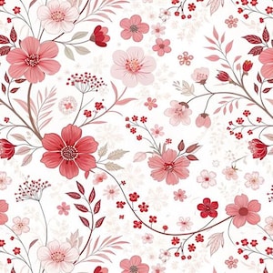 1/6 1/12 1/24 poppenhuis vintage romantisch rood en roze bloemmotief behang witte achtergrond naadloze - DIGITALE afdrukbare Instant Download