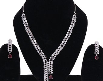 V Line Pastel Pink Faux Diamond High Quality Necklace Set Indian Bridal wedding jewellery American diamond (with Bracelet and Ring)