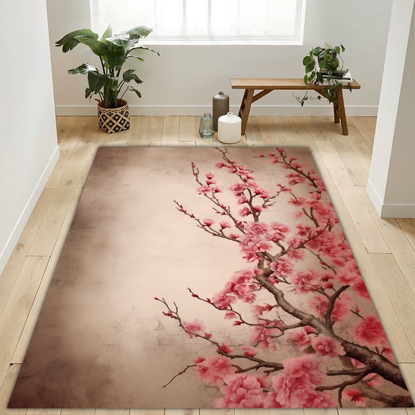 Pink Cherry Blossom Rug, Flower Rug, Nature Rug, Floral Rug, Flower Carpet, Flower Area Rug, Vintage Style Cherry Blossom Rug, Spring Rug