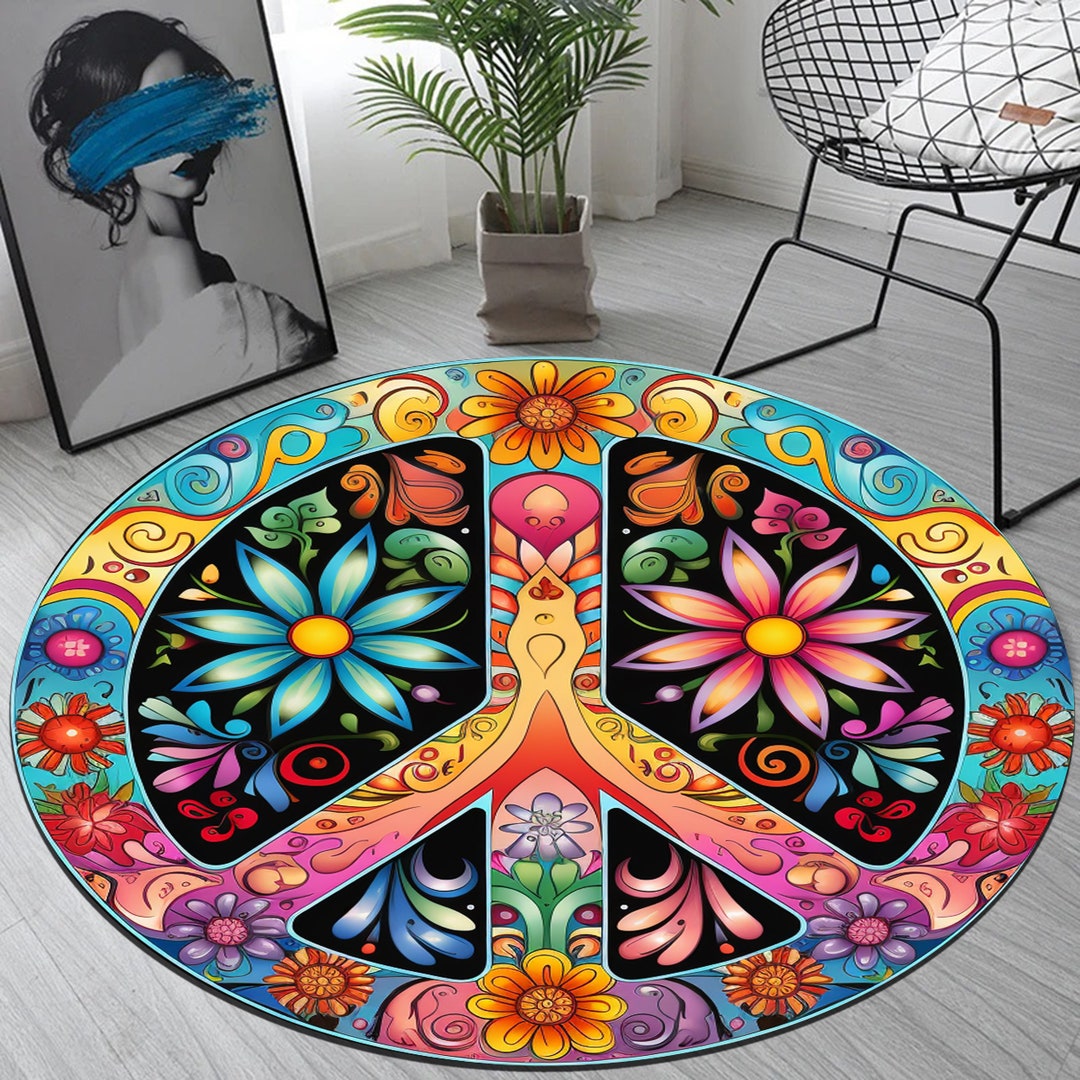 Floral Peace Sign Rug, Peace Sign Rug, Round Rug, Hippie Design Rug