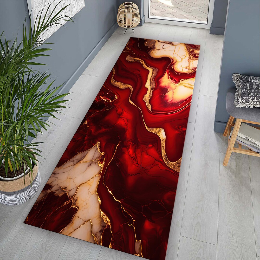 Red Marble Hallway Rug, Marble Runner, Red and Gold Marble Rug, Marble ...