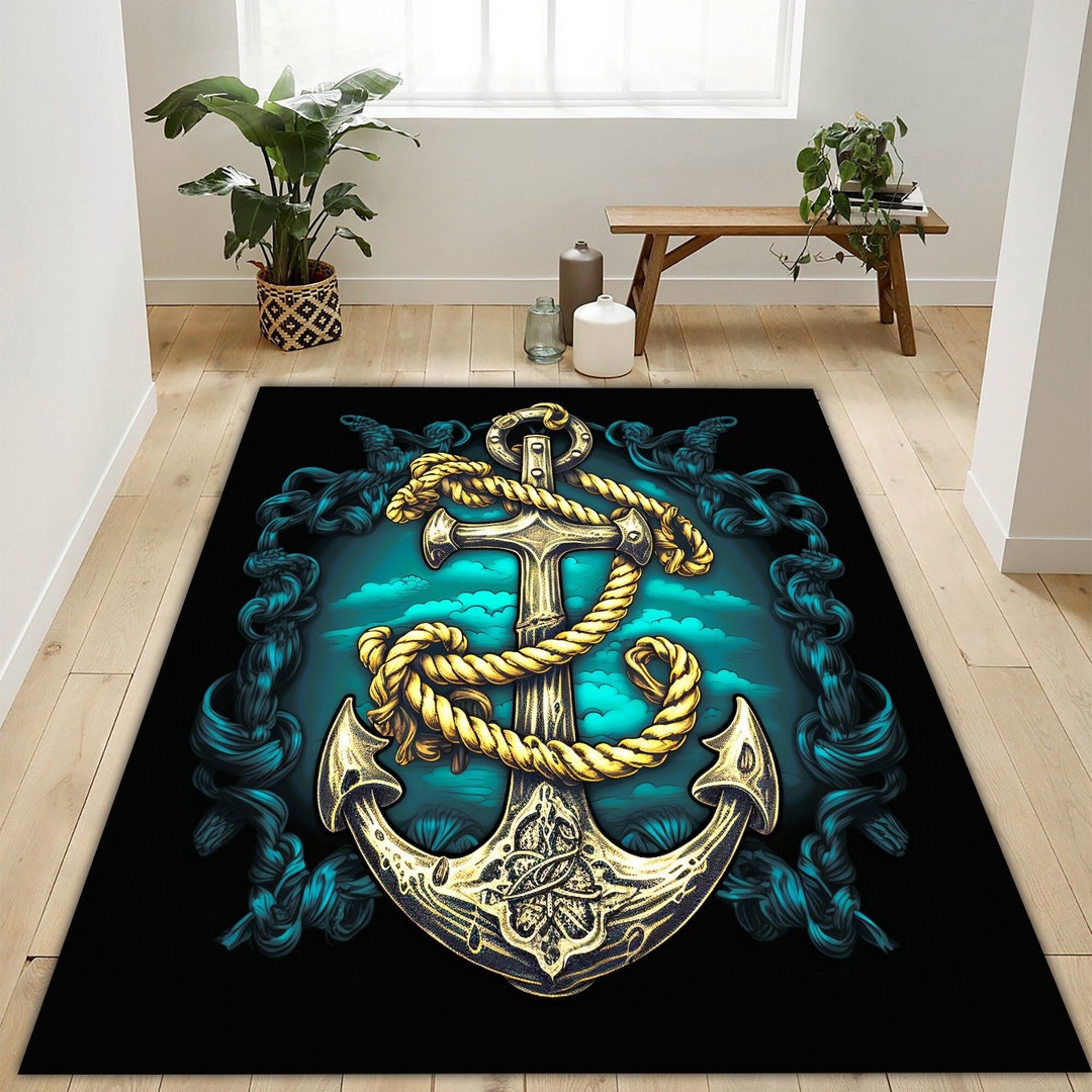 Gold Anchor Rug, Ship Anchor Rug, Anchor Nautical Rug, Decorative ...