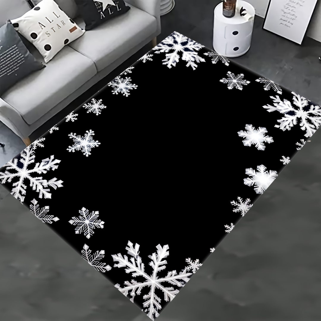 Snowflakes Rug, White and Black Christmas Decoration, Christmas Area Rug, Winter Rug, Xmas Rug