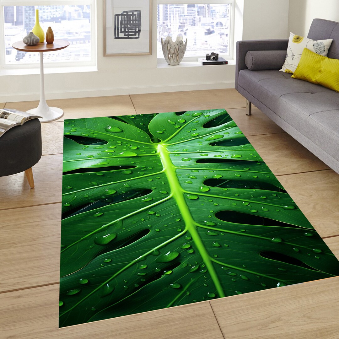 Big Green Leaf Rug, Wet Monstera Plant Leaf Rug, Green Plant Rug, Plant