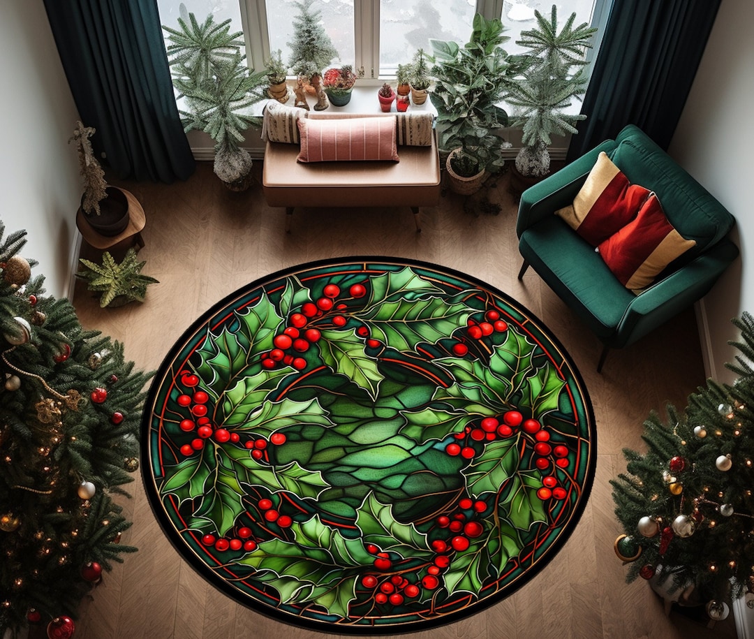 Holly Berries Round Rug, Merry Christmas Rug, Christmas Decoration ...