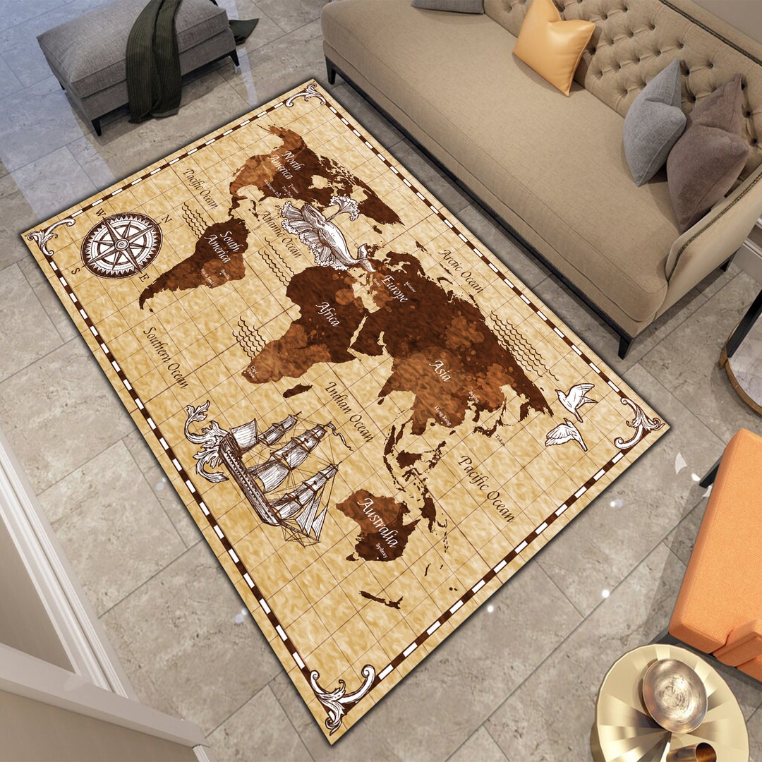 Hand Drawn Retro World Map Rug, World Rug, Retro World Rug, Artistic World Map Rug, World Map