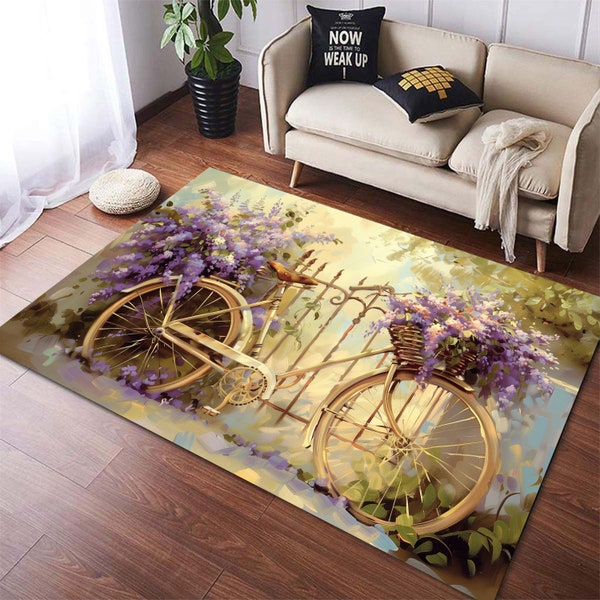 Bicycle Rug, Fine Art Bicycle Rug, English Garden Rug, Bicycle Basket Lilacs Rug, Lilacs Rug, Home Decoration Rug, Oil Painting Art Bicycle