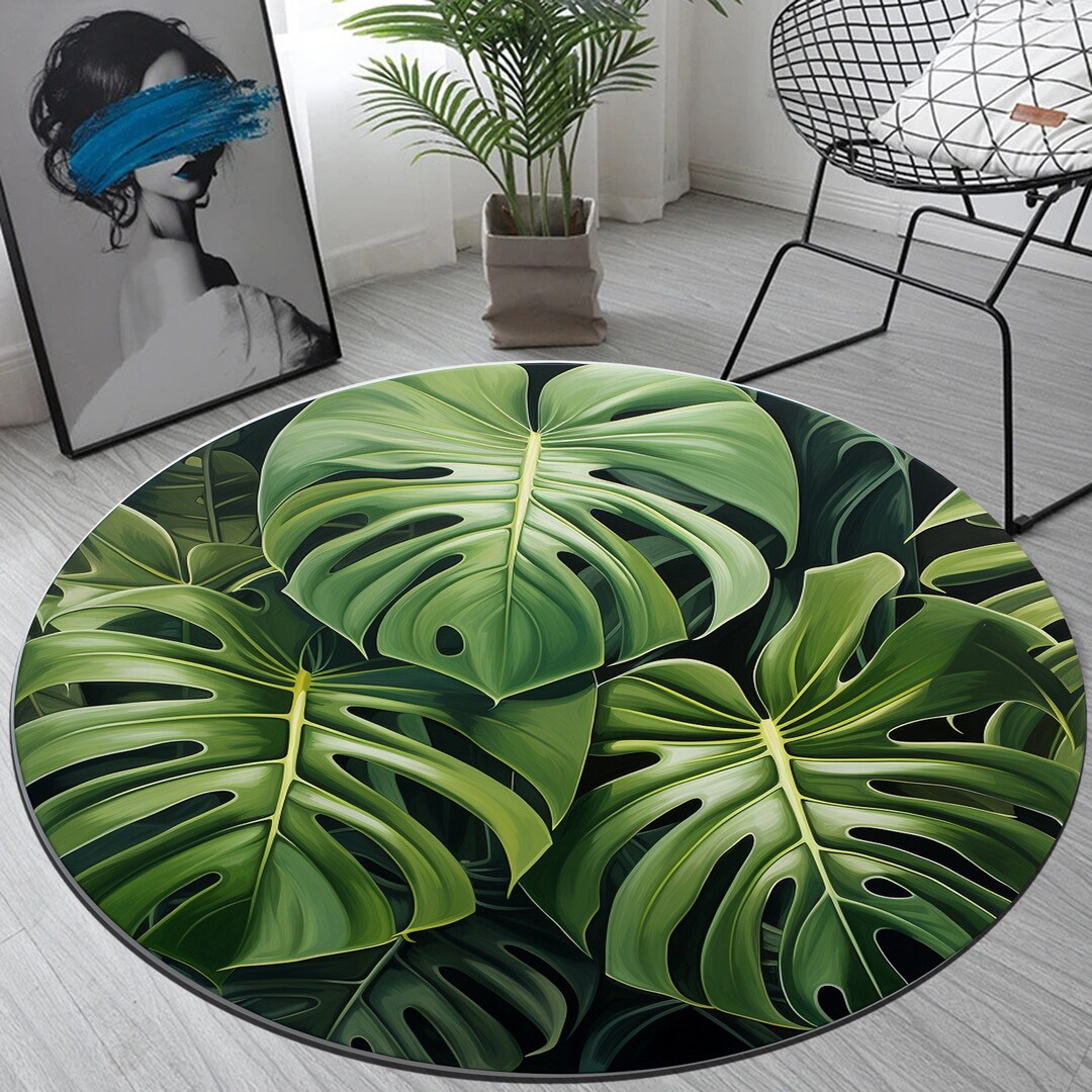Monstera Leaves Round Rug, Big Green Leaf Rug, Green Plant Round Rug ...