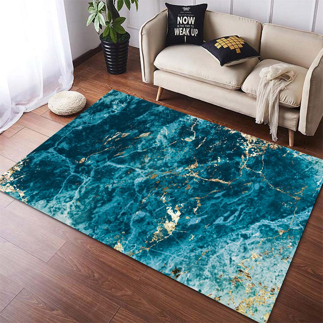 Blue Marble Texture Rug Blue White Marble Rug Golden Texture Etsy