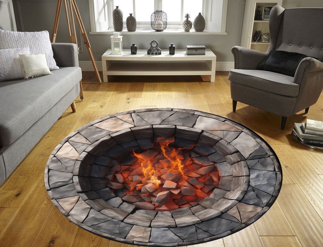 3D Look Fire Pit Print Rug, Fire Pit Look Rug, Stone Fire Pit Rug