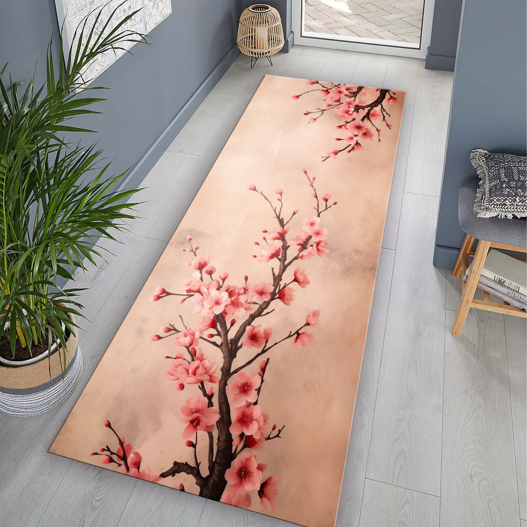Cherry Blossom Runner, Vintage Style Sakura Runner Rug, Cherry Blossom ...