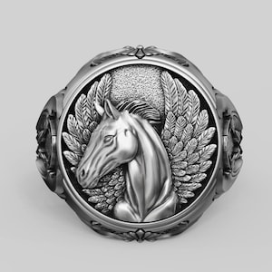Sterling Silver Pegasus Ring, Mythology Flying Horse Signet