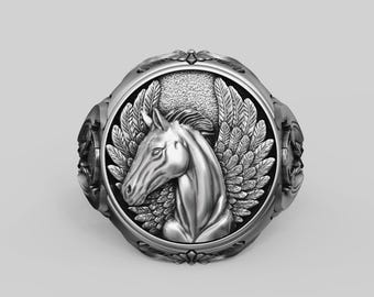 Pegasus Horse Signet Ring Sterling Silver 925