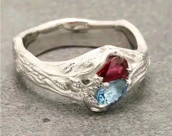 Ruby And Aquamarine Two Stone Silver Ring, Engagement Ring Unique Twisted Diamond Handmade Ring, Promise Ring, Valentine gift Anniversary
