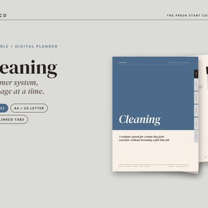 May include: A printable and digital cleaning planner from the SOURCD Fresh Start Collection. The cover features a blue and cream design with the text Cleaning, A calmer system, one page at a time, 31 pages, A4 + US letter, and hyperlinked tabs.