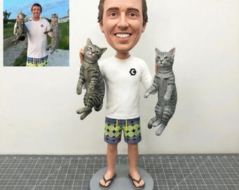 Custom man with pet bobblehead, Handmade Clay cat/dog statue, Personalized father/husband bobblehead, Personalized Father Doll,Father's gift