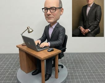 Custom boss bobblehead with Table/Chair/computer, Full details and highly reduction, Custom programmer bobblehead, Handmade Clay Figurine