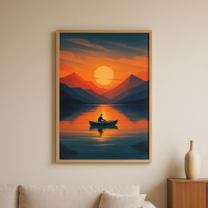 Arte mural con atardecer en bote de remos: impresión minimalista de lago, póster de paisaje sereno, decoración de atardecer cálido, descarga digital