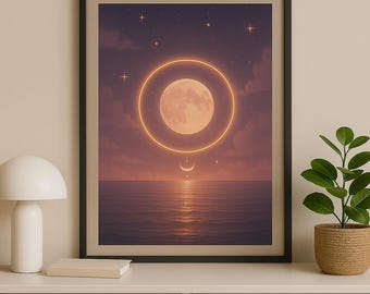 Full Moon Ocean Art Print: Dreamy Celestial Boho Decor (Digital Download)