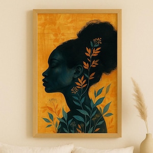 Spiritual Afro Woman Wall Art – Nature Inspired African Portrait Print – Empowering Botanical Digital Download