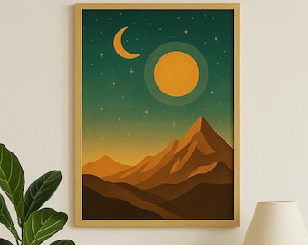Impressão Boho Moon & Sun Mountain: Arte de Paisagem Celestial (Download Digital)