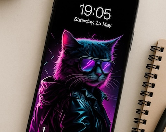 Cyberpunk Cat Phone Wallpaper | Neon Digital Art (Instant Download)