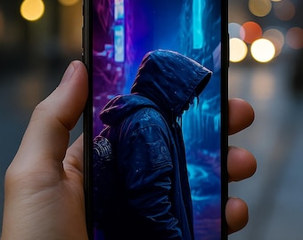 May include: A smartphone displays a digital art image of a person in a hooded jacket, set against a neon-lit urban backdrop. The phone is held in a hand, with a blurred background of street lights.