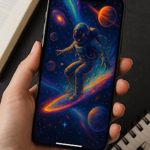 Astronaut Surfing Galaxy Wallpaper: Sci-Fi Phone & Tablet Background (Digital Download