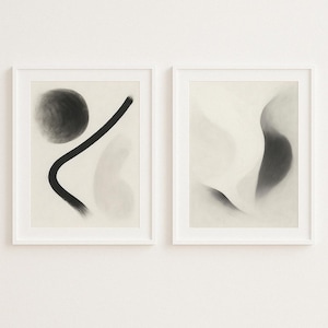 Black and White Japandi Wall Art Set of 2 – Minimalist Abstract Prints, Neutral Modern Decor, Digital Download for Serene Spaces