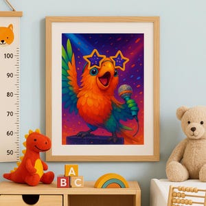 Bunt singender Papagei Wandkunst - Lustiger Vogel Poster für Kinderzimmer, Spielzimmer - Tropisches Tier Digital Download Print