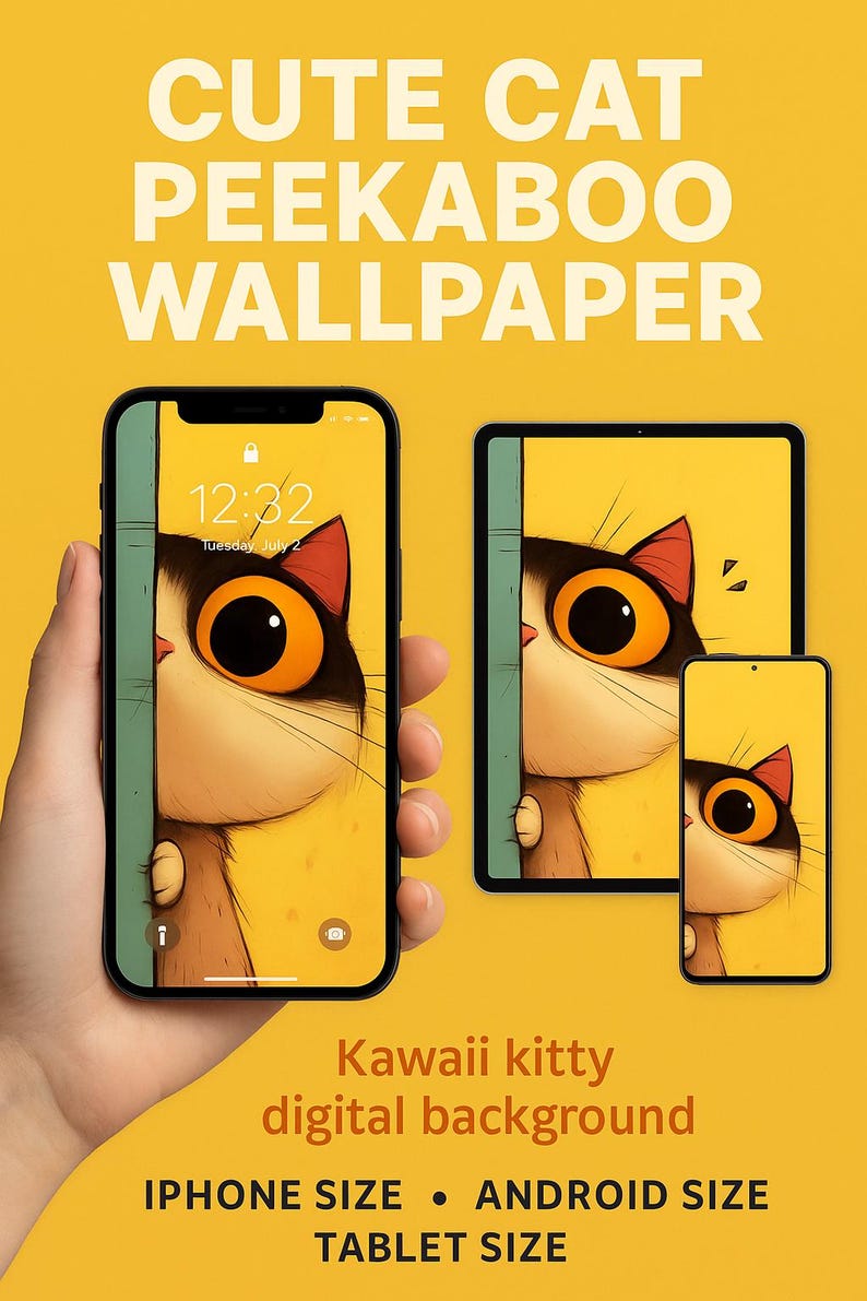 Kawaii Cat Peekaboo Phone Wallpaper – Funny Yellow Kitty Lock Screen ...